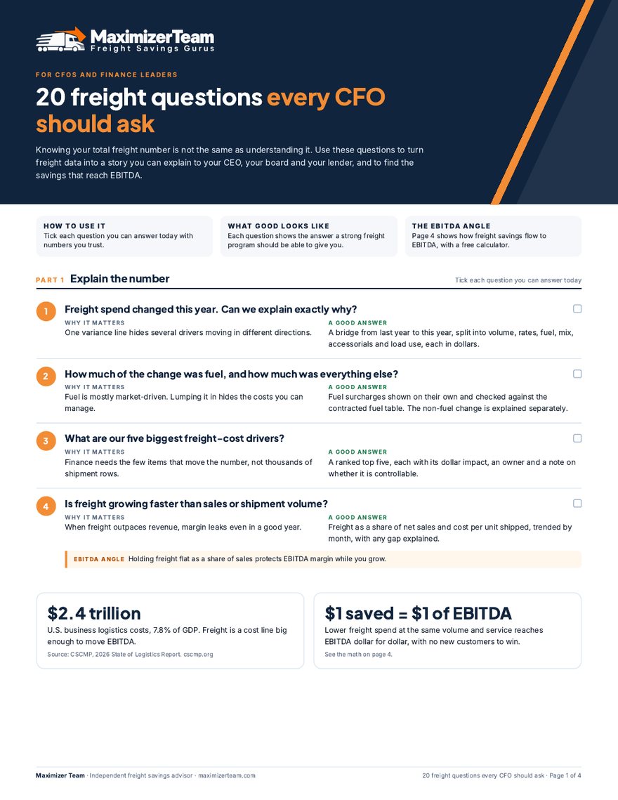 Cover page of the free PDF guide: 20 freight questions every CFO should ask